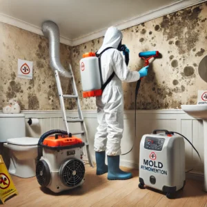 professional mold remediation team in action, wearing protective gear, safely and effectively removing mold